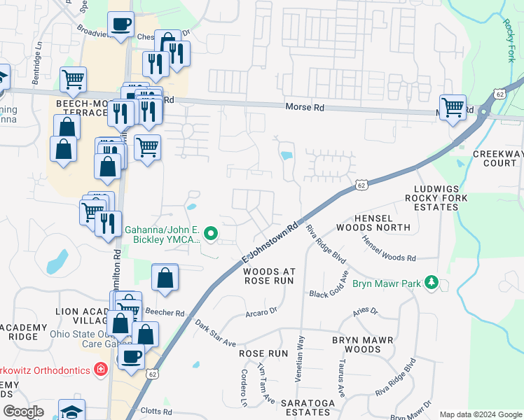 map of restaurants, bars, coffee shops, grocery stores, and more near 1220 Green Drive in Gahanna