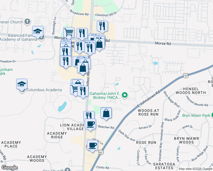 map of restaurants, bars, coffee shops, grocery stores, and more near 1220 Shagbark Road in Gahanna