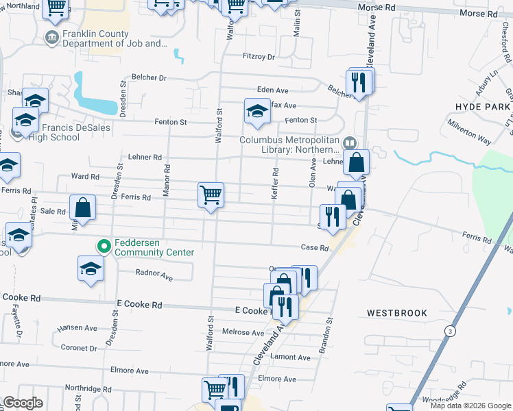 map of restaurants, bars, coffee shops, grocery stores, and more near 2085 Ferris Road in Columbus