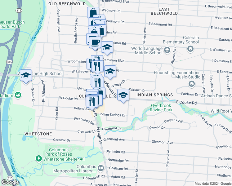 map of restaurants, bars, coffee shops, grocery stores, and more near 86 East Henderson Road in Columbus