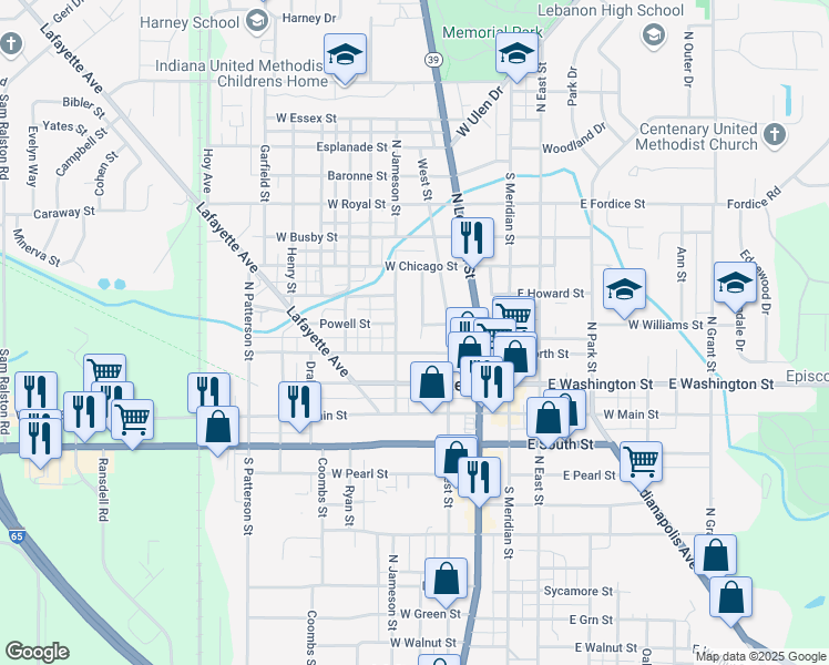 map of restaurants, bars, coffee shops, grocery stores, and more near 318 North Clark Street in Lebanon