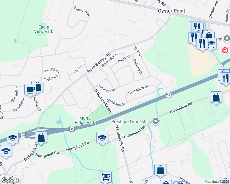 map of restaurants, bars, coffee shops, grocery stores, and more near 3202 Greenridge Dr in Lancaster