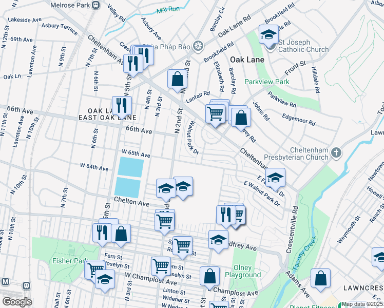 map of restaurants, bars, coffee shops, grocery stores, and more near 6510 Walnut Park Drive in Philadelphia
