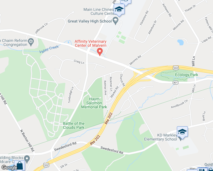 map of restaurants, bars, coffee shops, grocery stores, and more near 45 Kelmar Avenue in Malvern