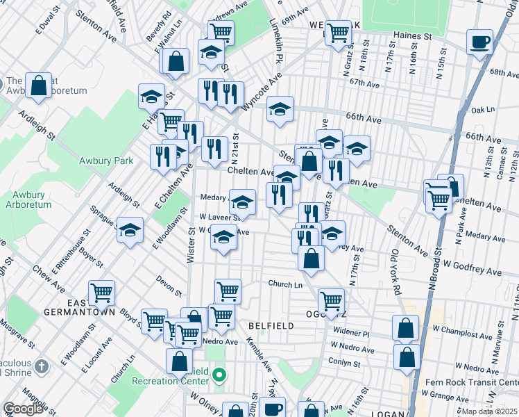 map of restaurants, bars, coffee shops, grocery stores, and more near 6245 North Woodstock Street in Philadelphia