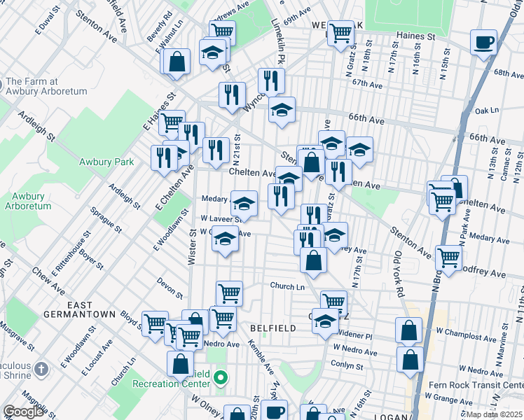 map of restaurants, bars, coffee shops, grocery stores, and more near 6245 North Woodstock Street in Philadelphia