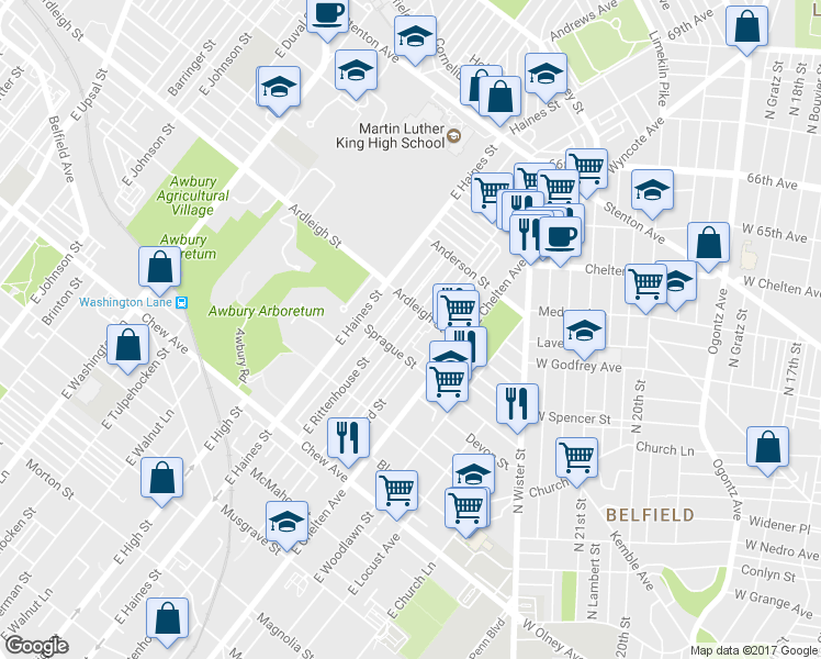 map of restaurants, bars, coffee shops, grocery stores, and more near 1027 East Price Street in Philadelphia