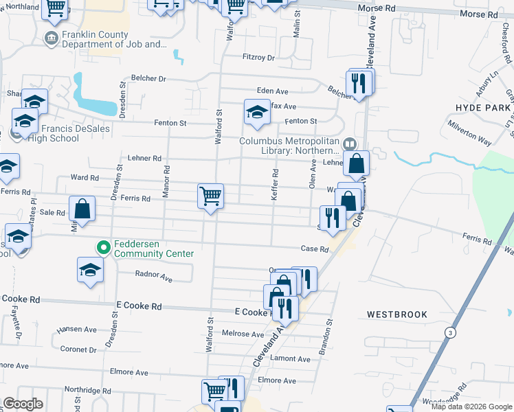 map of restaurants, bars, coffee shops, grocery stores, and more near 2085 Ferris Road in Columbus