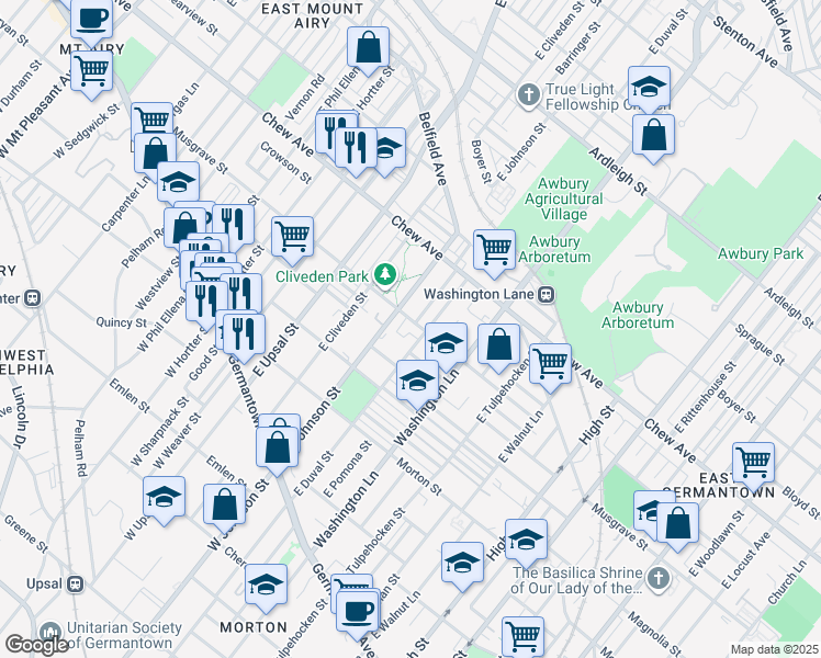 map of restaurants, bars, coffee shops, grocery stores, and more near 6354 Musgrave Street in Philadelphia