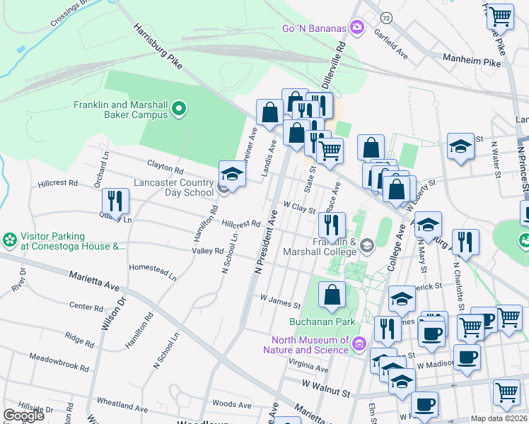 map of restaurants, bars, coffee shops, grocery stores, and more near 710 North President Avenue in Lancaster