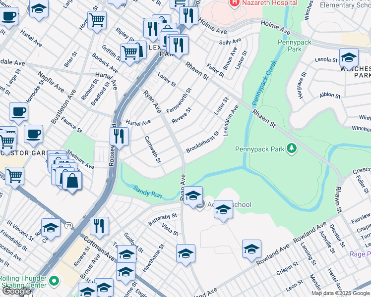 map of restaurants, bars, coffee shops, grocery stores, and more near 7802 Brocklehurst Street in Philadelphia