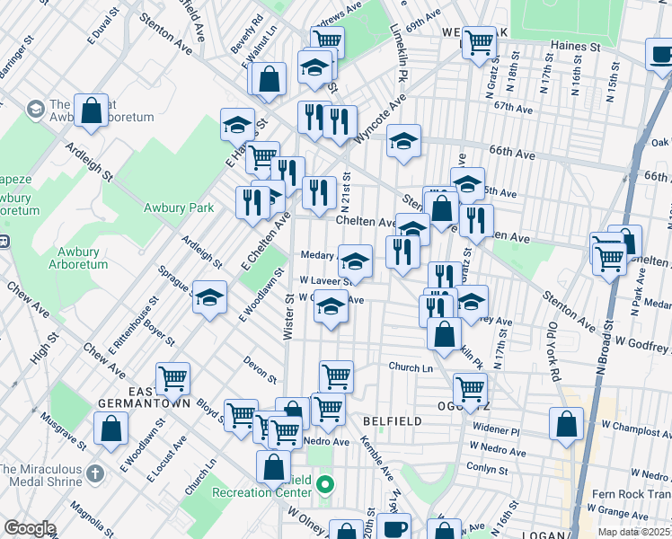 map of restaurants, bars, coffee shops, grocery stores, and more near 6240 North 21st Street in Philadelphia