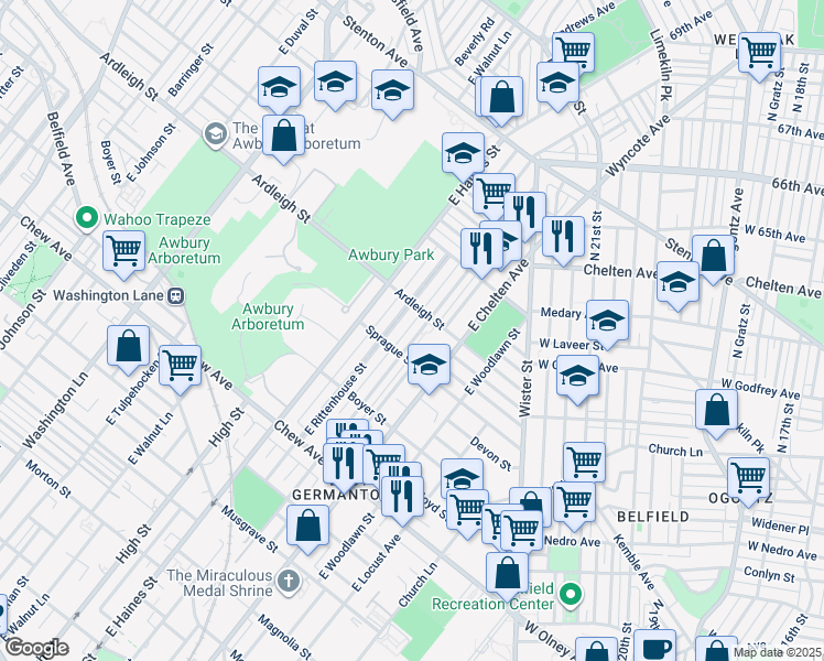 map of restaurants, bars, coffee shops, grocery stores, and more near 1027 East Price Street in Philadelphia