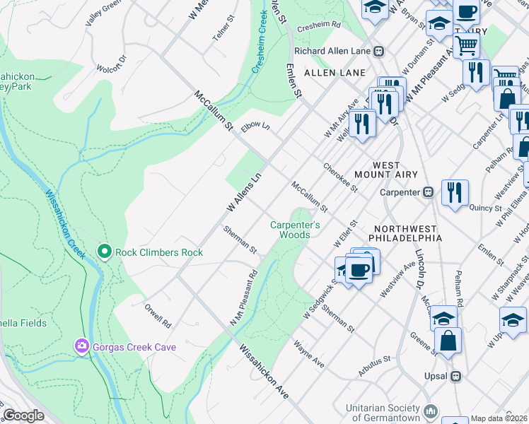 map of restaurants, bars, coffee shops, grocery stores, and more near Greene St & W Mt Airy Ave in Philadelphia