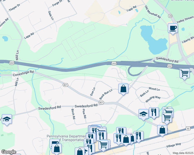 map of restaurants, bars, coffee shops, grocery stores, and more near 1 Deer Run Lane in Malvern