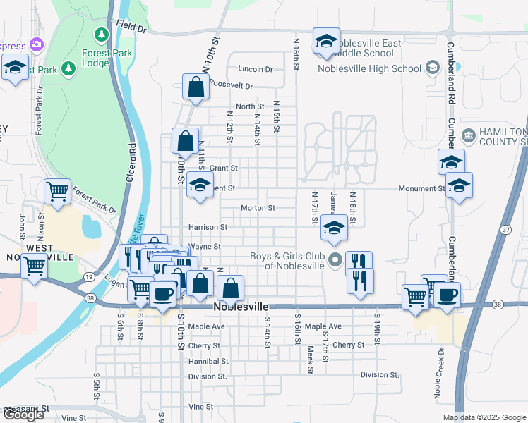 map of restaurants, bars, coffee shops, grocery stores, and more near 1427 Morton Street in Noblesville