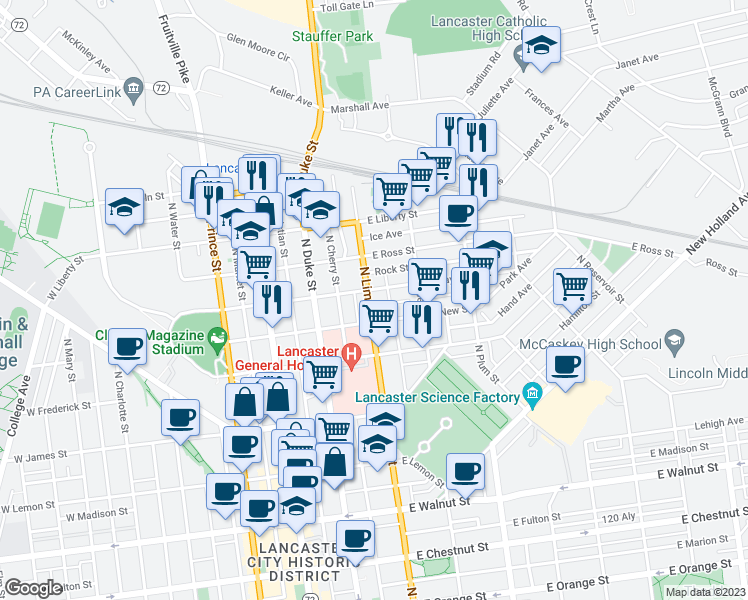 map of restaurants, bars, coffee shops, grocery stores, and more near 721 Pennsylvania 272 in Lancaster