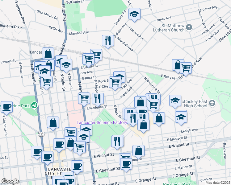 map of restaurants, bars, coffee shops, grocery stores, and more near 701 North Plum Street in Lancaster
