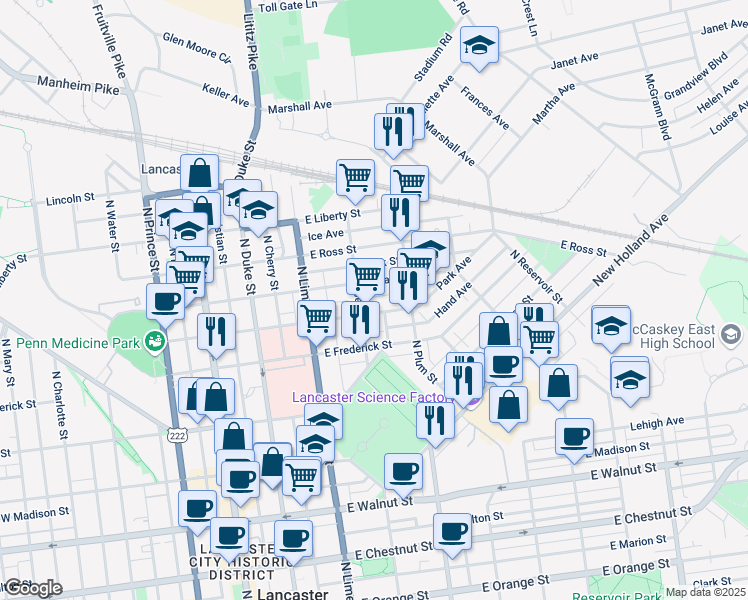 map of restaurants, bars, coffee shops, grocery stores, and more near 311 East New Street in Lancaster