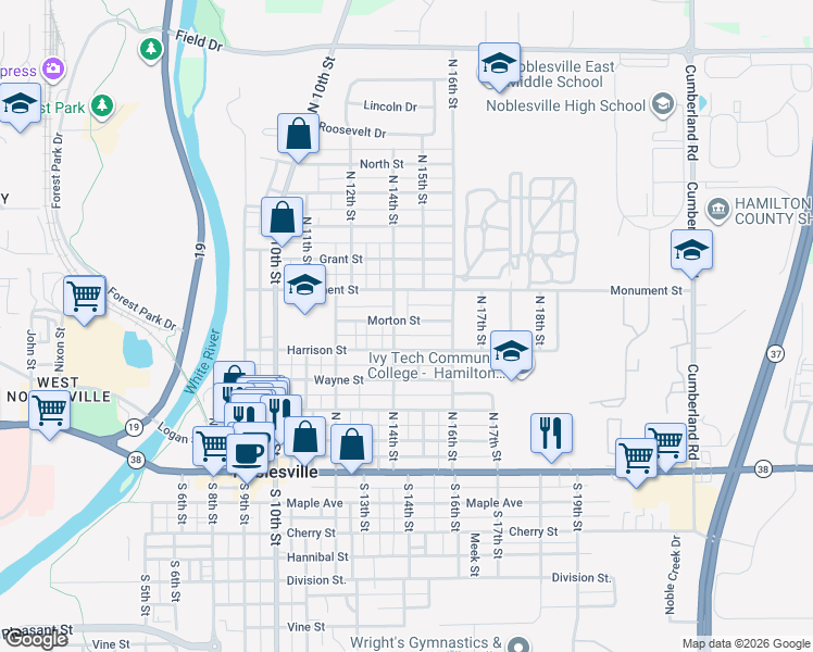 map of restaurants, bars, coffee shops, grocery stores, and more near 1443 Morton Street in Noblesville