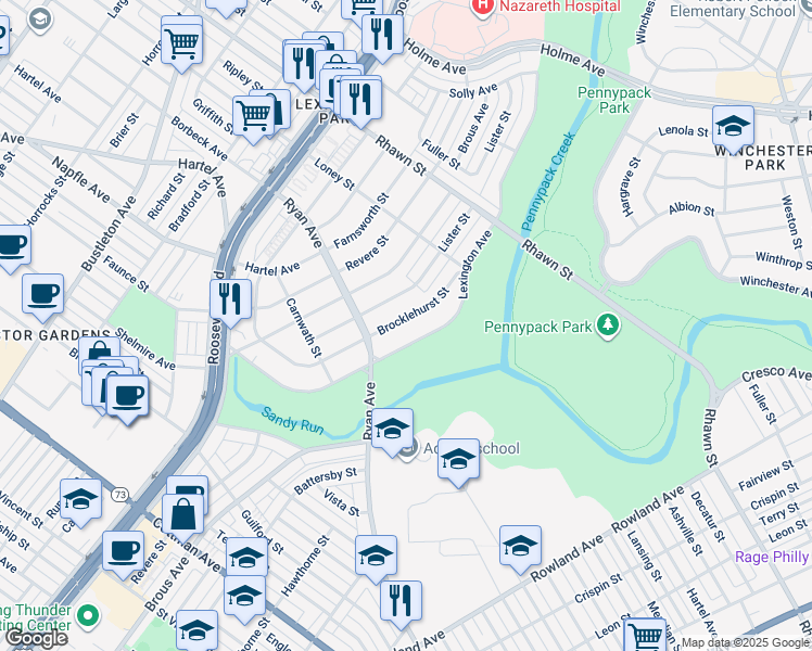 map of restaurants, bars, coffee shops, grocery stores, and more near 7815 Brocklehurst Street in Philadelphia