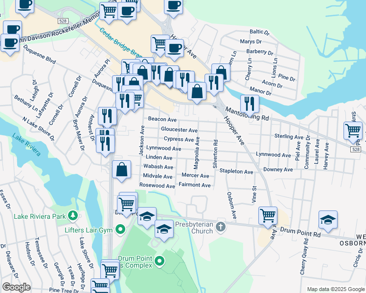 map of restaurants, bars, coffee shops, grocery stores, and more near 942 Lynnwood Avenue in Brick Township