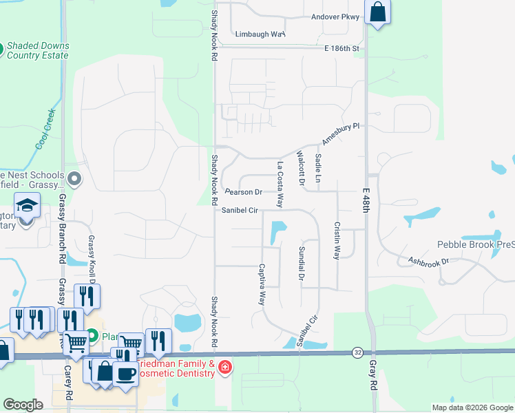 map of restaurants, bars, coffee shops, grocery stores, and more near 18065 Sanibel Circle in Noblesville