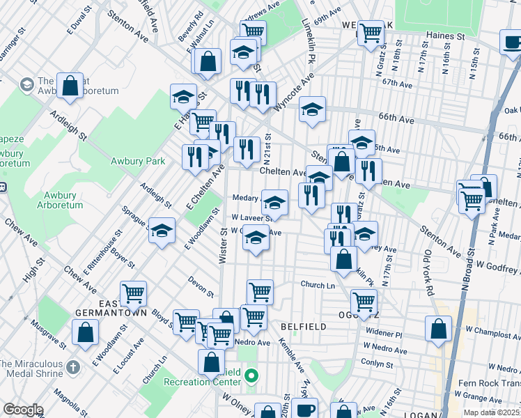 map of restaurants, bars, coffee shops, grocery stores, and more near 6240 North 21st Street in Philadelphia