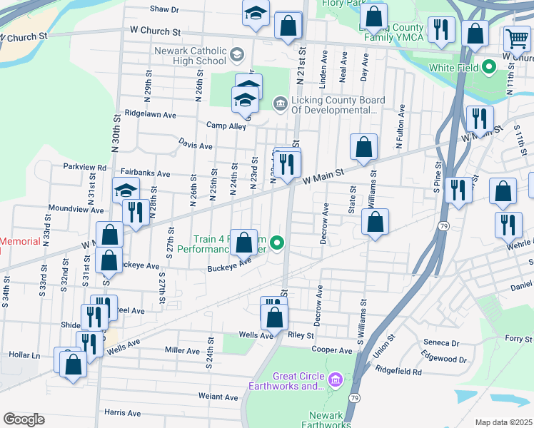 map of restaurants, bars, coffee shops, grocery stores, and more near 33 South 22nd Street in Newark