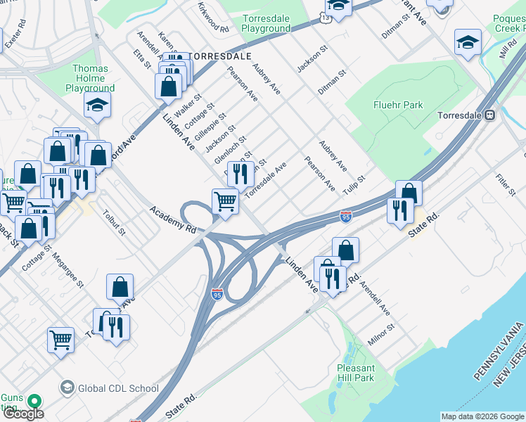map of restaurants, bars, coffee shops, grocery stores, and more near 9215 Vandike Street in Philadelphia