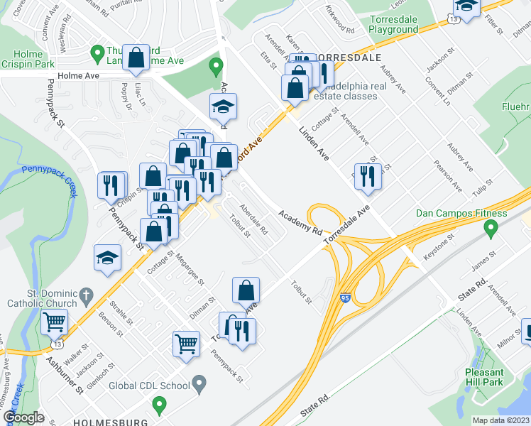 map of restaurants, bars, coffee shops, grocery stores, and more near 4482 Carwithan Street in Philadelphia