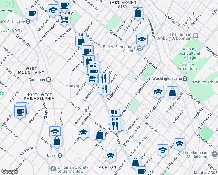 map of restaurants, bars, coffee shops, grocery stores, and more near 48 East Sharpnack Street in Philadelphia