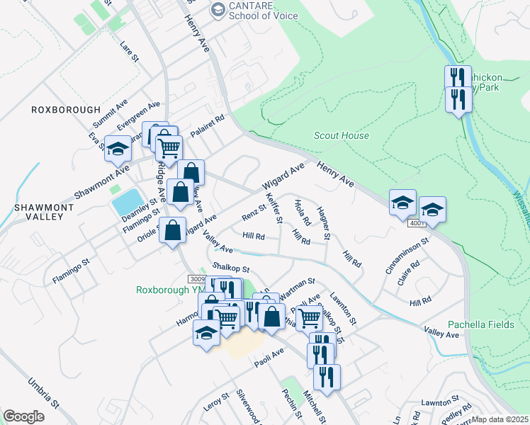 map of restaurants, bars, coffee shops, grocery stores, and more near 666 Renz Street in Philadelphia