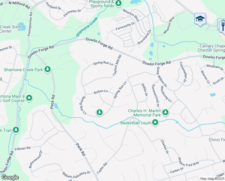 map of restaurants, bars, coffee shops, grocery stores, and more near 100 Blenheim Place in Downingtown