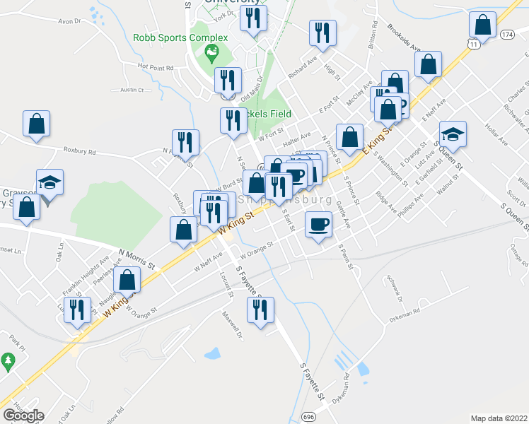 map of restaurants, bars, coffee shops, grocery stores, and more near 34 West King Street in Shippensburg