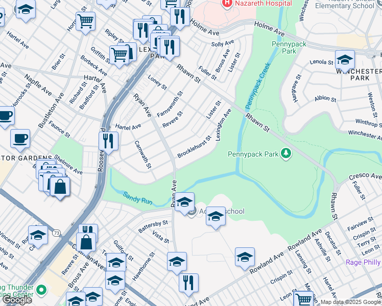 map of restaurants, bars, coffee shops, grocery stores, and more near 7815 Brocklehurst Street in Philadelphia