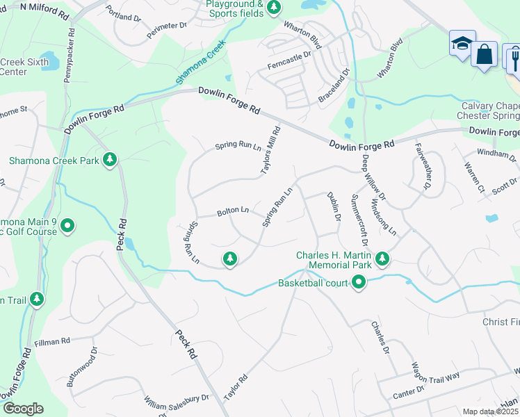 map of restaurants, bars, coffee shops, grocery stores, and more near 100 Blenheim Pl in Downingtown