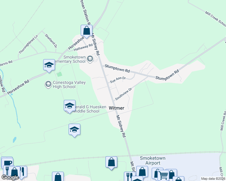 map of restaurants, bars, coffee shops, grocery stores, and more near 455 Mount Sidney Road in Lancaster
