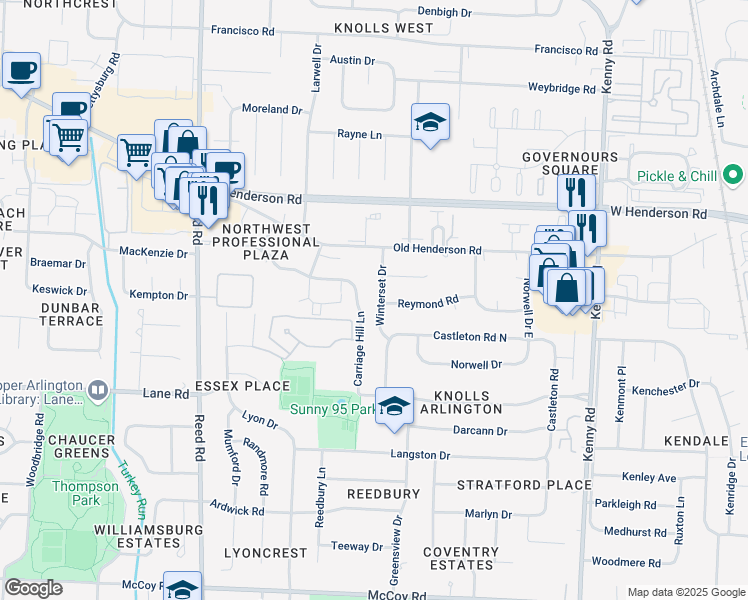 map of restaurants, bars, coffee shops, grocery stores, and more near 4519 Winterset Drive in Columbus