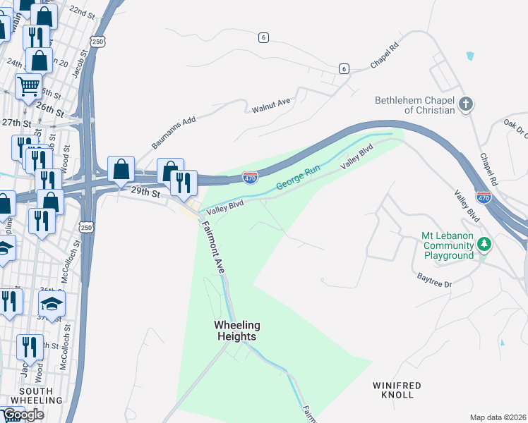 map of restaurants, bars, coffee shops, grocery stores, and more near 132 State Hwy 91 in Wheeling