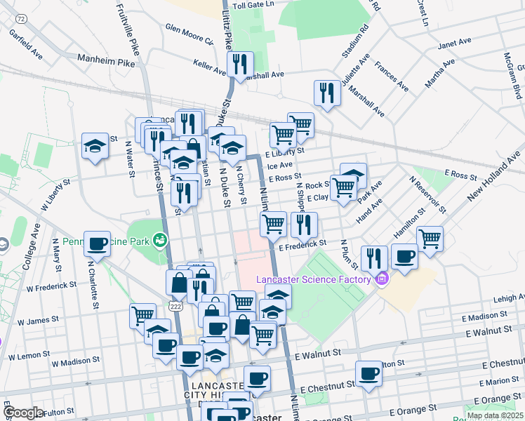 map of restaurants, bars, coffee shops, grocery stores, and more near 726 North Lime Street in Lancaster