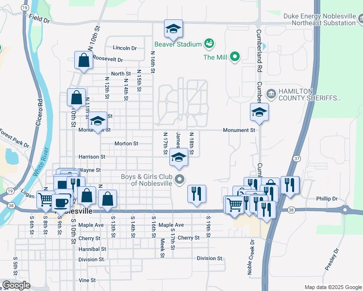 map of restaurants, bars, coffee shops, grocery stores, and more near 472 James Drive in Noblesville