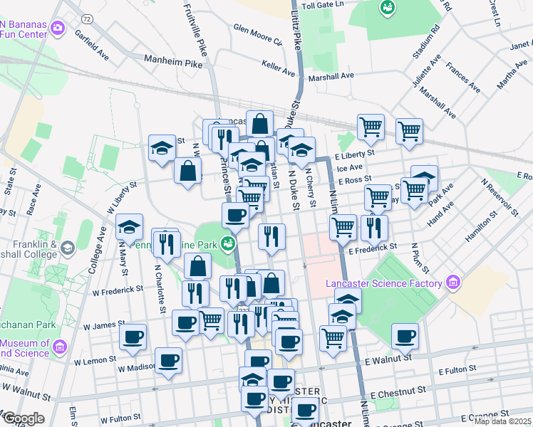 map of restaurants, bars, coffee shops, grocery stores, and more near 801 Pennsylvania 72 in Lancaster