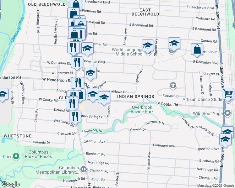map of restaurants, bars, coffee shops, grocery stores, and more near 205 Fairlawn Drive in Columbus