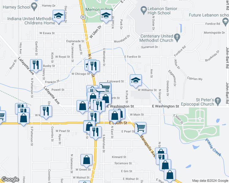 map of restaurants, bars, coffee shops, grocery stores, and more near 323 North East Street in Lebanon