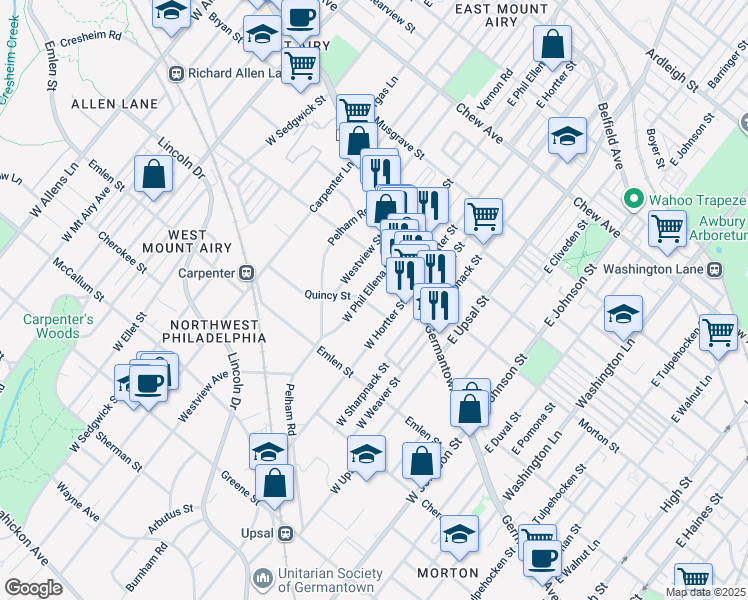 map of restaurants, bars, coffee shops, grocery stores, and more near 6629 Quincy Street in Philadelphia