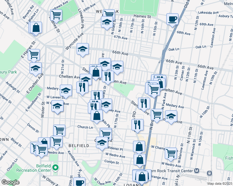 map of restaurants, bars, coffee shops, grocery stores, and more near 1714 Stenton Avenue in Philadelphia