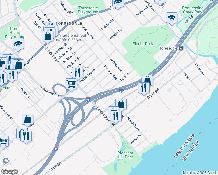 map of restaurants, bars, coffee shops, grocery stores, and more near 9318R Tulip Street in Philadelphia