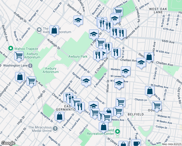 map of restaurants, bars, coffee shops, grocery stores, and more near 1100 East Stafford Street in Philadelphia
