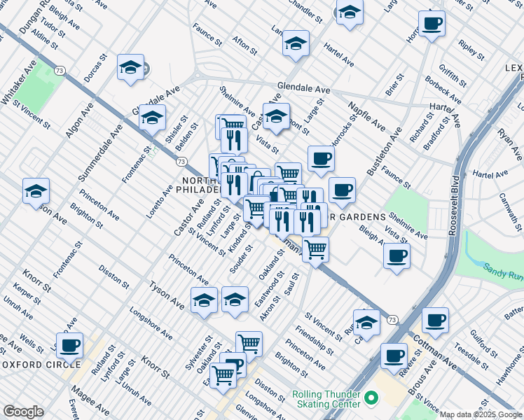 map of restaurants, bars, coffee shops, grocery stores, and more near 2115 Cottman Avenue in Philadelphia